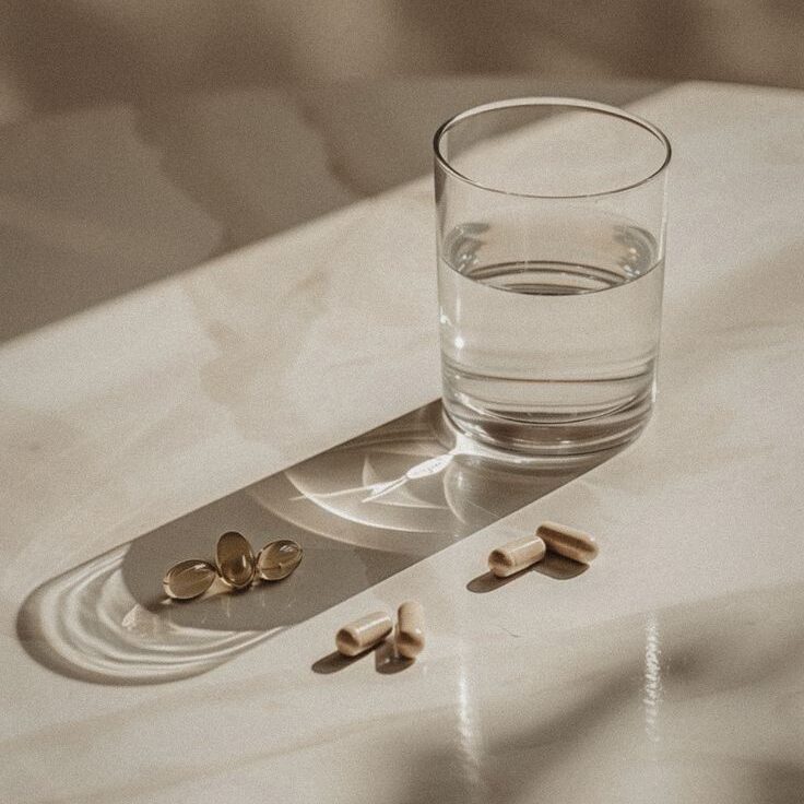 A glass of water and three small pills on the white marble table surface, in the style of minimalistic and beige vibes, in the style of aesthetic photo, minimalistic vibes. --ar 5:6 Job ID: 07fffae2-e717-425a-8cb7-7c7c500451a5